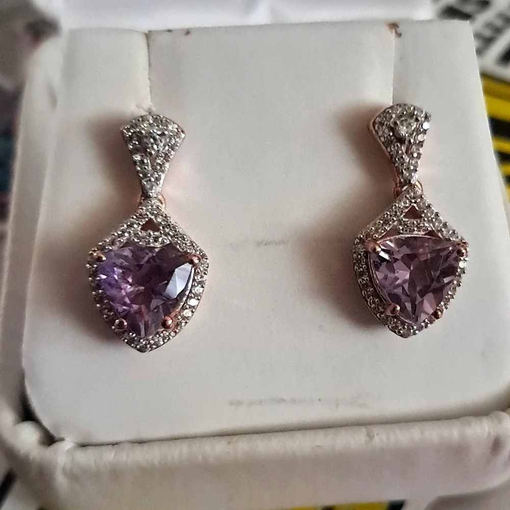 Amethyst and Natural White Zircon Accented Earrings. - Picture 5 of 9